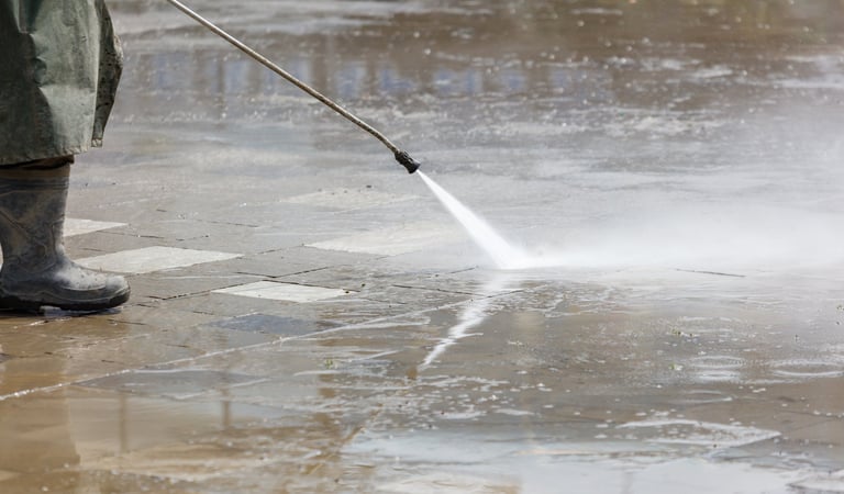 Professional power washing of concrete driveway