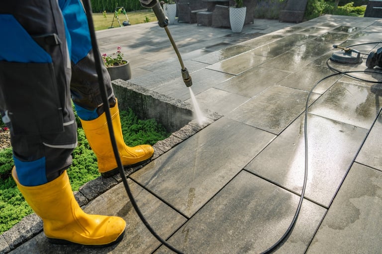 Clean stone patio after pressure washing